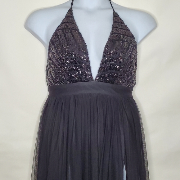 Rubber Ducky Sequin Halter Neck Maxi Dress Size M Front Slits Black Gown Mesh - Picture 5 of 14
